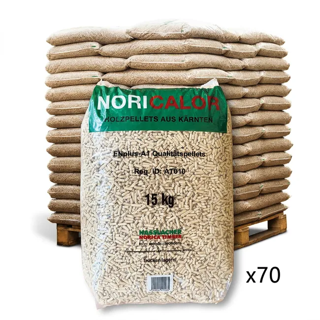 bancale 1050 kg pellet noricalor in abete rosso enplus a1, 70 sacchi da 15 kg