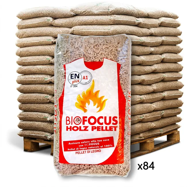 bancale 1260 kg pellet bio focus in abete e pino enplus a1, 84 sacchi da 15 kg