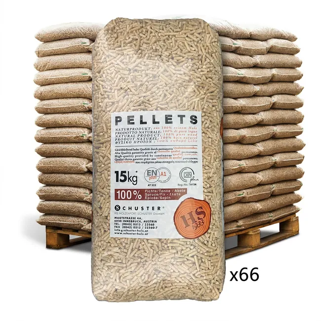 bancale 990 kg pellet schuster in abete enplus a1, 66 sacchi da 15kg